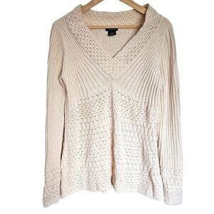 Calvin Klein beige cotton pointelle knitted v-neck‎ sweater